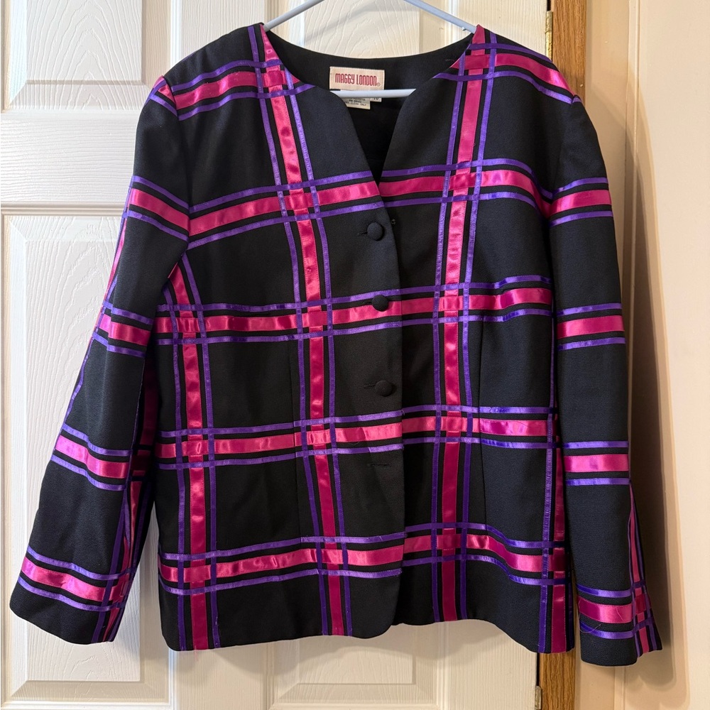 Maggy London Black Blazer with Pink and Purple Plaid